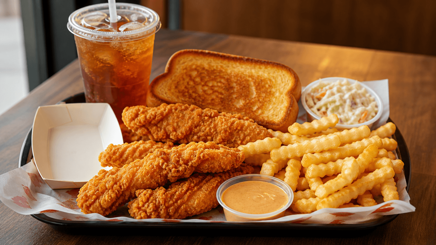 Raising Cane's style chicken fingers, fries, toast, sauce, and coleslaw without mac and cheese