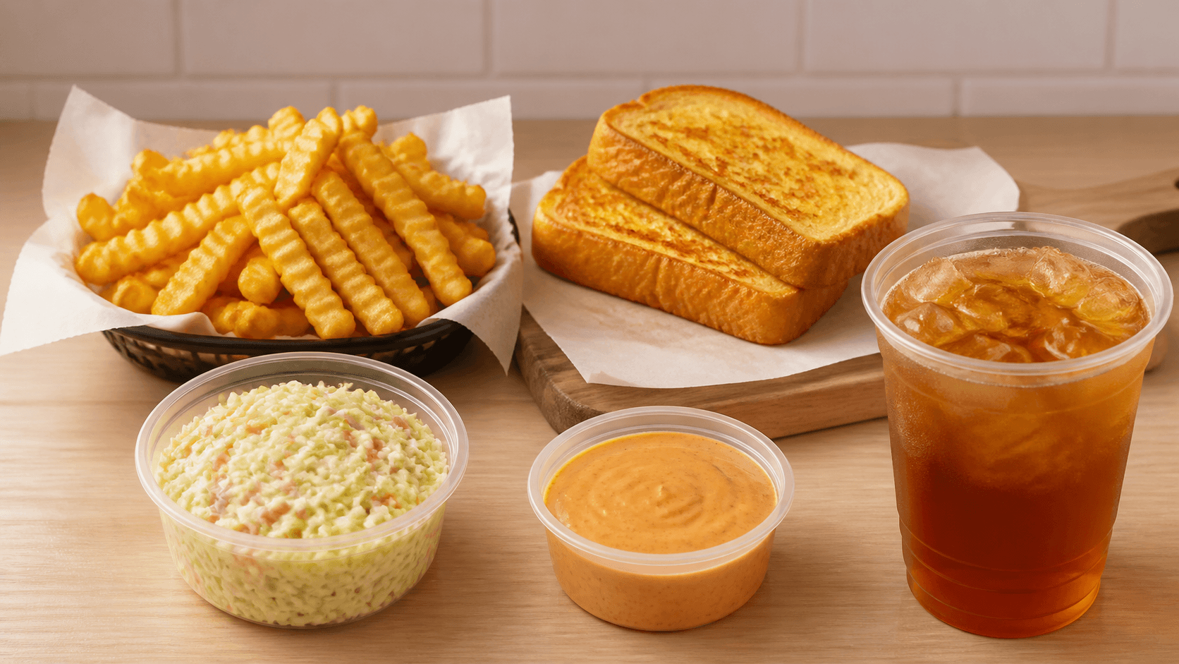 Crinkle-cut fries, Texas toast, coleslaw, sauce, and drink as Raising Cane's sides instead of mac and cheese