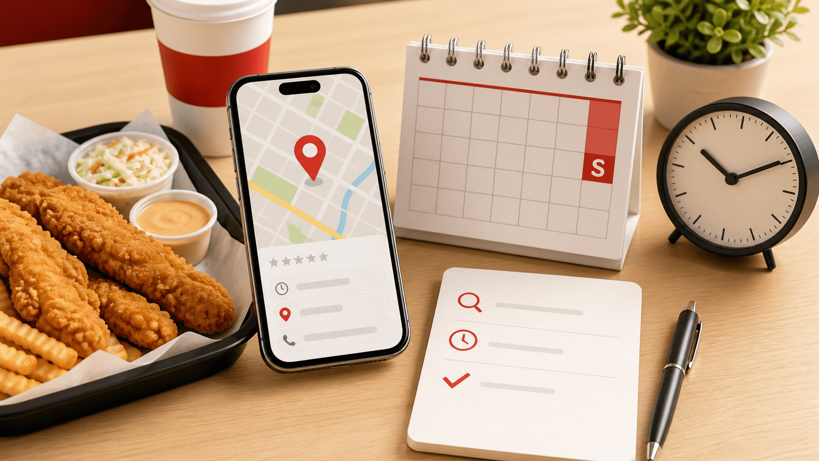 Phone, calendar, and clock showing how to check Raising Cane's Sunday hours