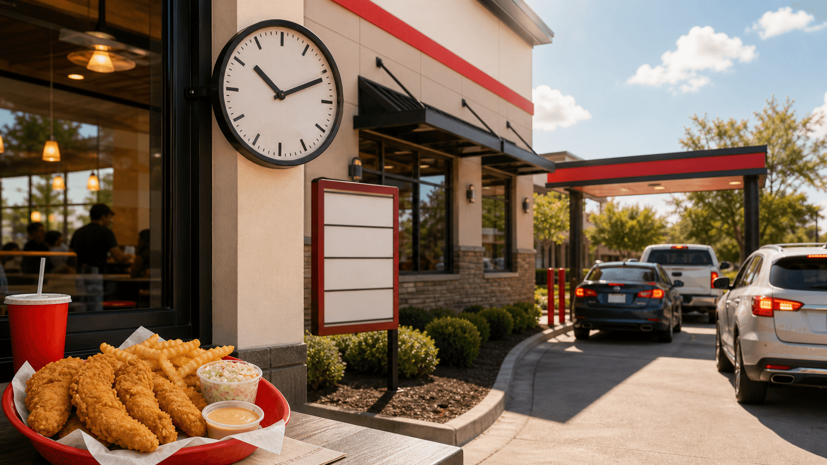Fast-food restaurant exterior on a Sunday for a Raising Cane's hours guide