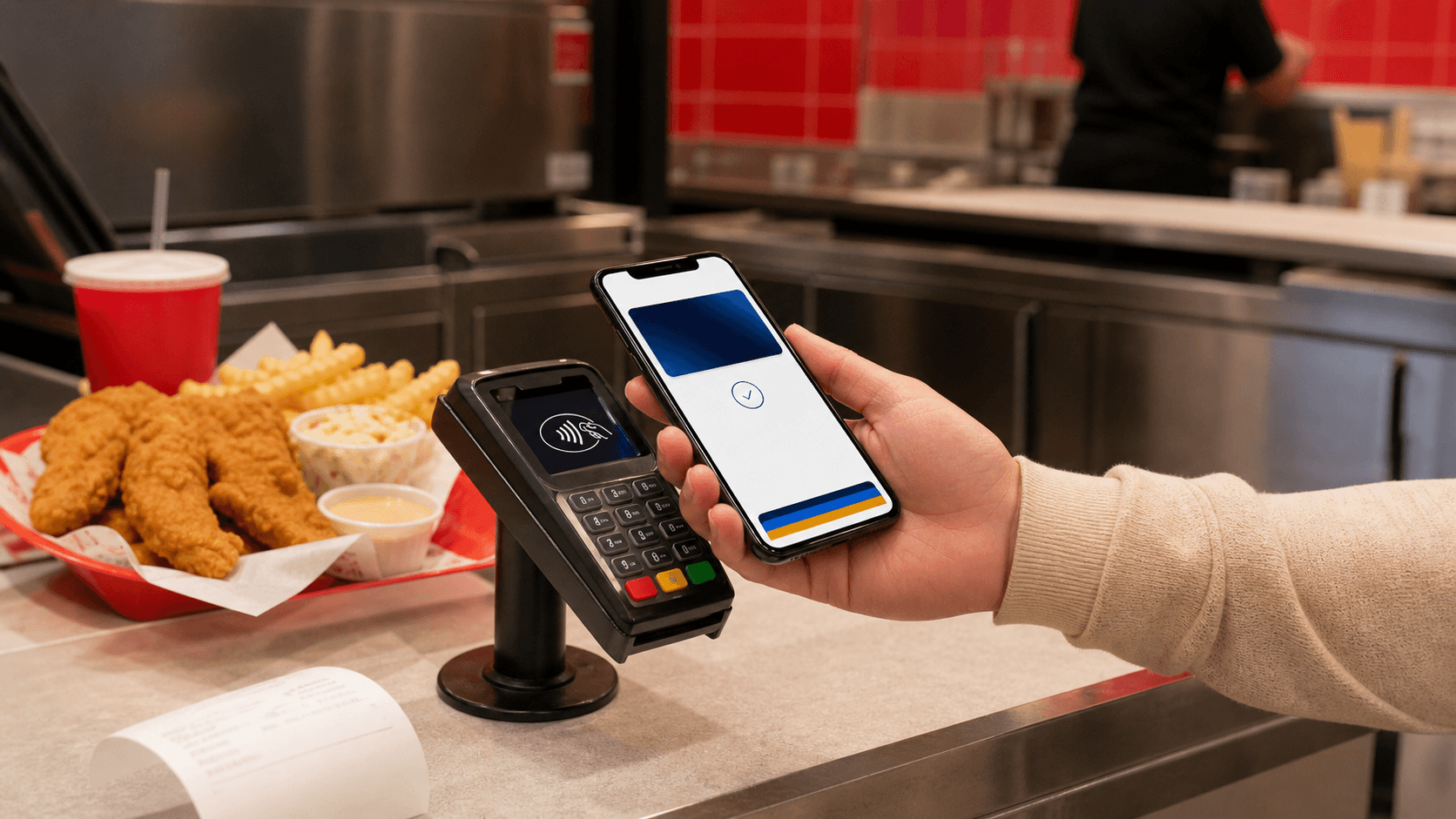 Contactless payment at a fast-food counter for a Cane's Apple Pay guide