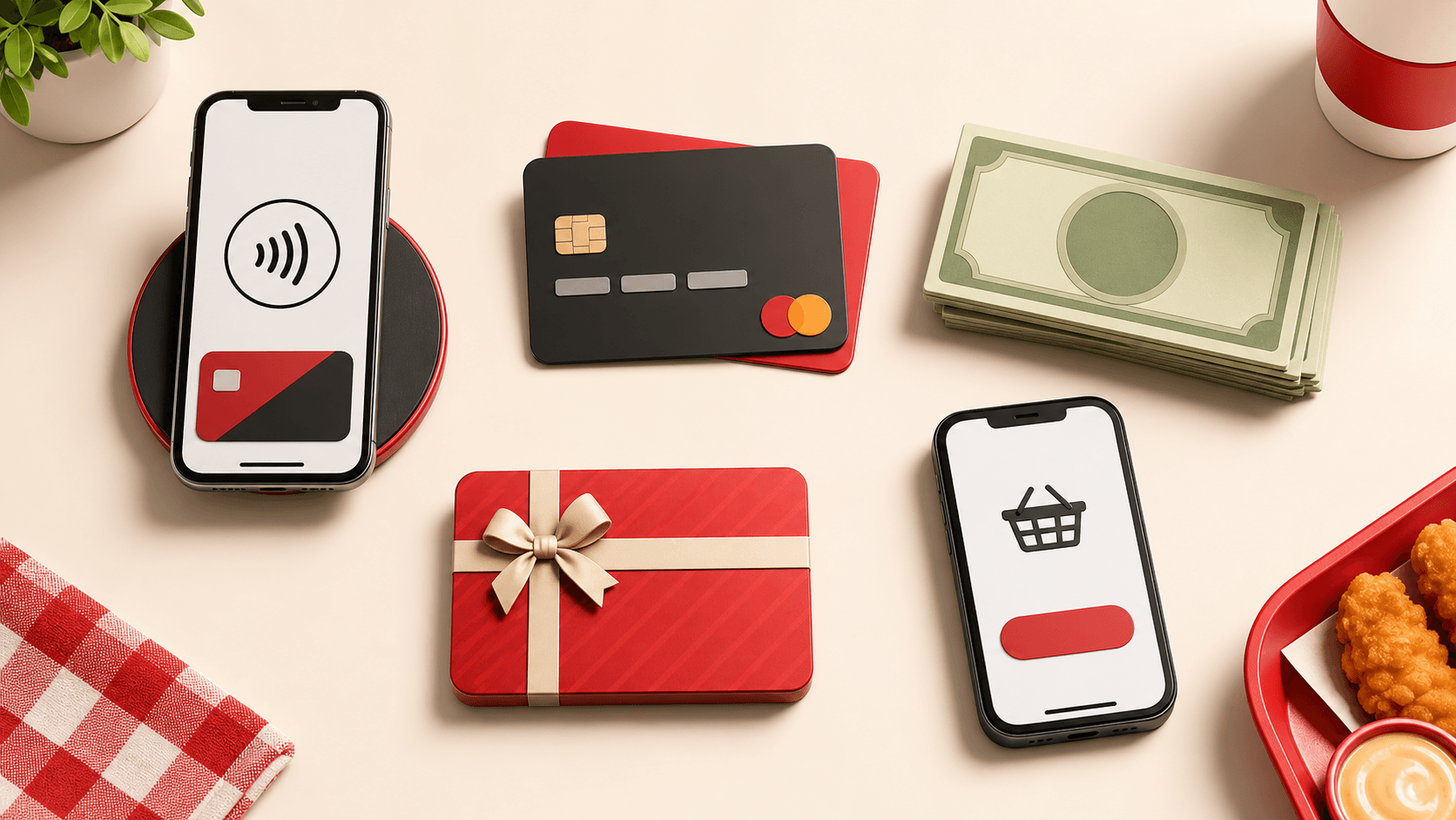 Fast-food payment methods including phone, card, cash, gift card, and app checkout