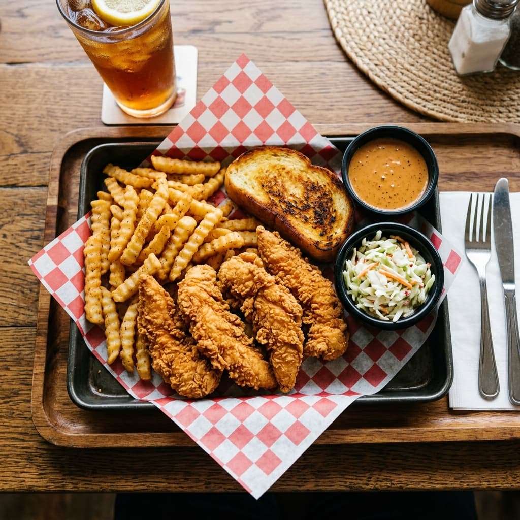 Raising Cane's Box Combo meal nutrition — chicken fingers with crinkle-cut fries, Texas toast, Cane's Sauce, and coleslaw calories breakdown